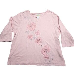 Alfred Dunner Woman 1X Pink Floral Embroidered Beaded 3/4 Sleeve Top Split Neck